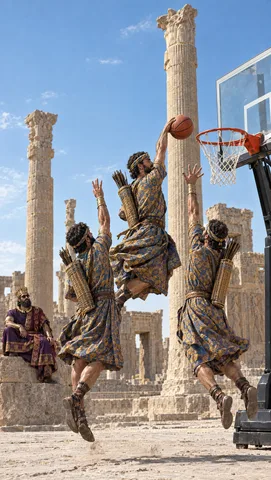 Hyper-realistic photograph, indistinguishable from a real sports photo taken on location. Among the real ruins of Perse…