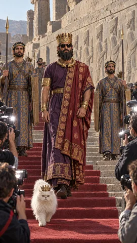 Hyper-realistic photograph, indistinguishable from a real on-location film still. The real Apadana eastern staircase at…