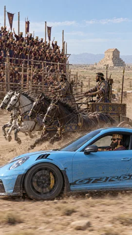 Hyper-realistic photograph, indistinguishable from a real motorsport photo taken on location. A dusty dirt racetrack on…