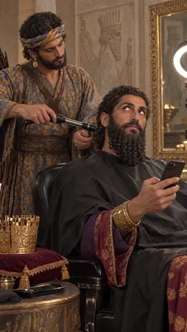 Hyper-realistic live-action footage, natural colors. The barber in the blue-and-gold headband slides the curl…