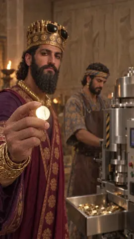 Hyper-realistic live-action footage, natural colors. Behind the king, the stainless-steel coin press slams do…