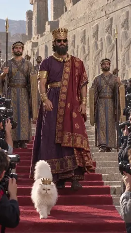 Hyper-realistic live-action footage, real location, natural colors. The king in the gold crown and purple rob…