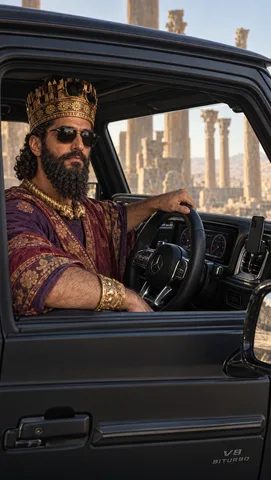 Hyper-realistic photograph, indistinguishable from a real on-location film still. Shot from outside the open driver's w…