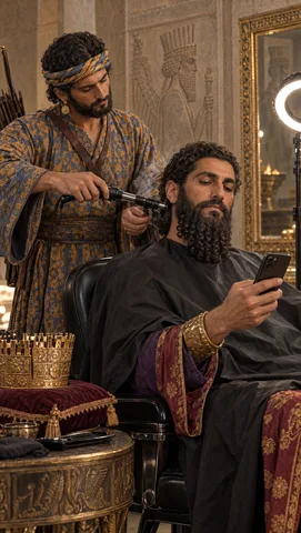 Hyper-realistic photograph, indistinguishable from a real film still. A luxury barbershop set inside an ancient stone p…